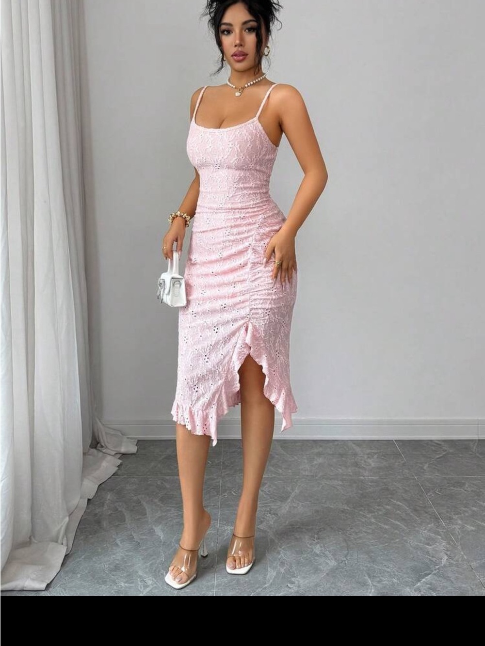 SHEIN Light Pink Eyelet Lace Midi Dress with Ruffle Hem